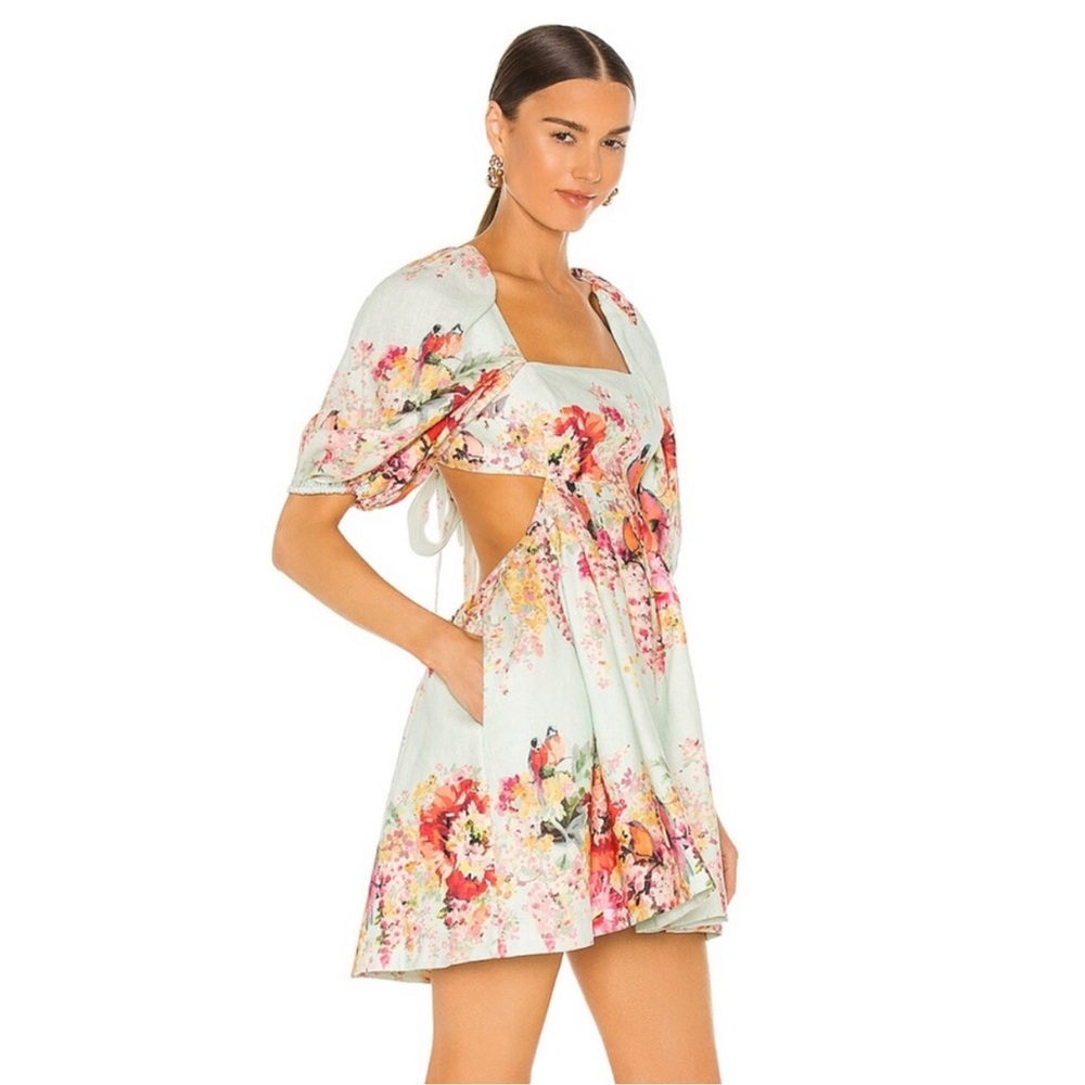 Zimmermann Green Floral Mae Cut-Out Mini Dress, AU Size 1 US size 2-4